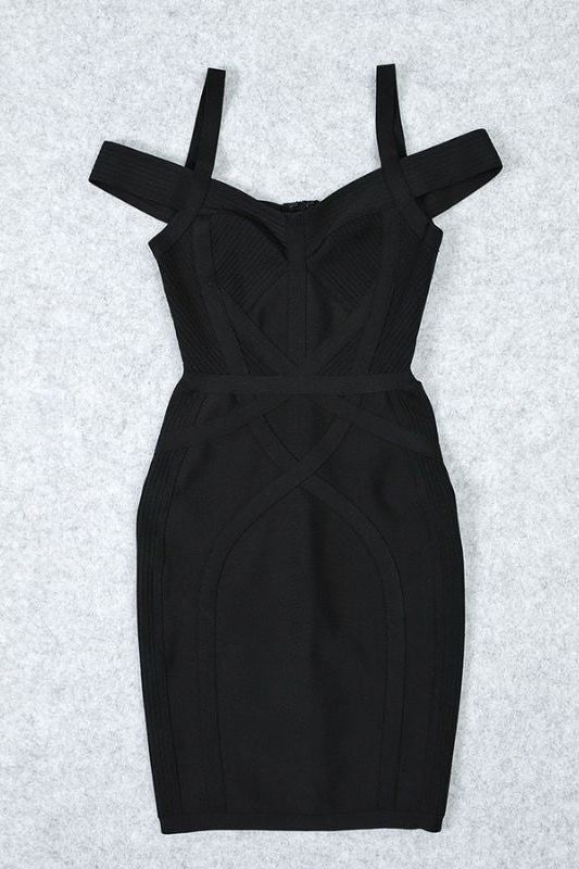 Woman wearing a figure flattering  Sophia Bandage Mini Dress - Classic Black Bodycon Collection