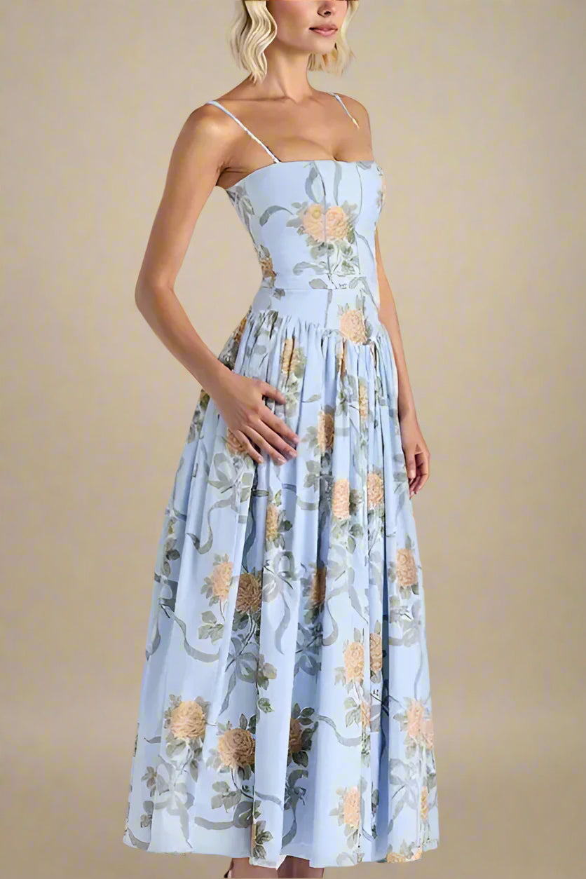 Woman wearing a figure flattering  Tasmin Bodycon Midi Dress - Sky Blue BODYCON COLLECTION