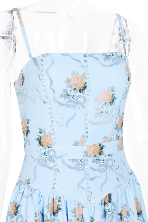 Woman wearing a figure flattering  Tasmin Bodycon Midi Dress - Sky Blue BODYCON COLLECTION