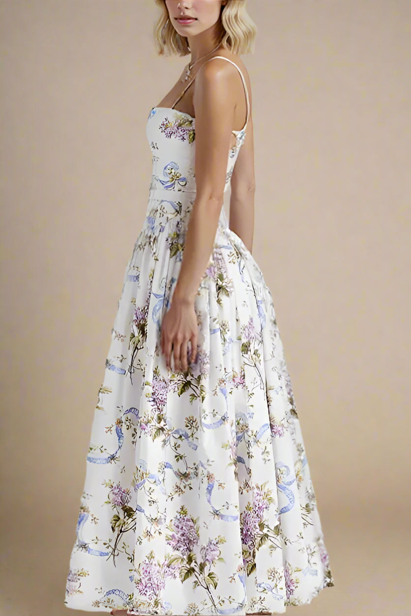 Woman wearing a figure flattering  Tasmin Bodycon Midi Dress - White Floral BODYCON COLLECTION