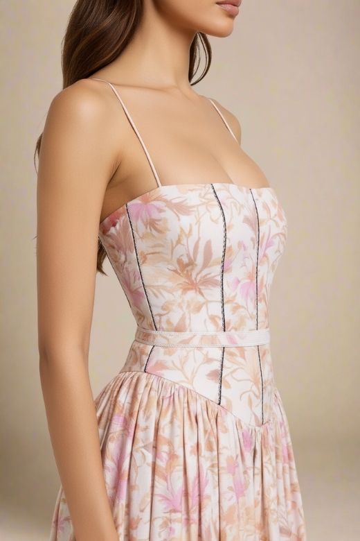 Woman wearing a figure flattering  Tasmin Midi Dress - Pink Print BODYCON COLLECTION