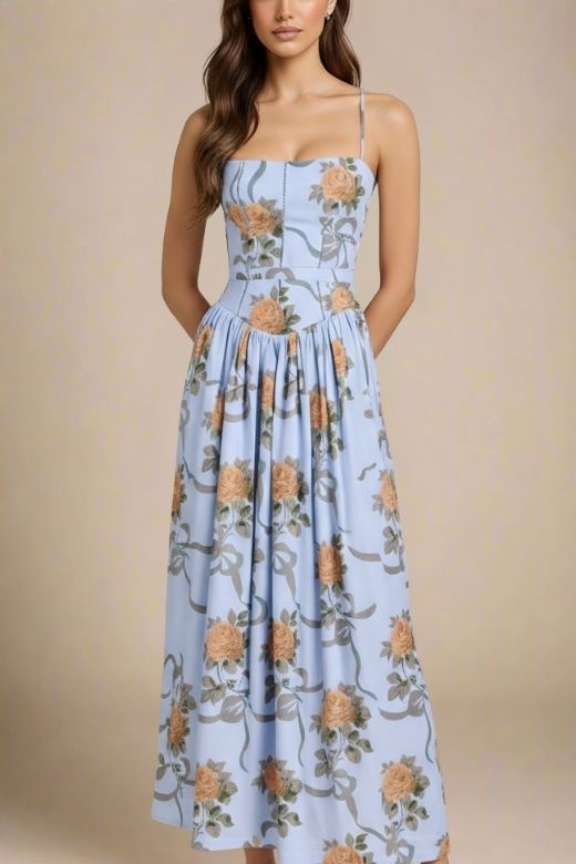 Woman wearing a figure flattering  Tasmin Midi Dress - Sky Blue BODYCON COLLECTION