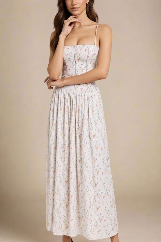 Woman wearing a figure flattering  Tasmin Midi Dress - White Print BODYCON COLLECTION