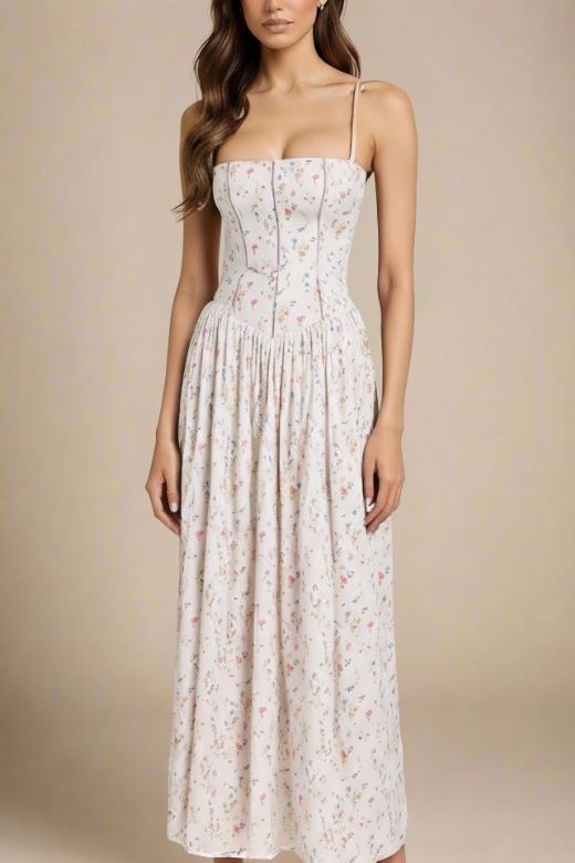 Woman wearing a figure flattering  Tasmin Midi Dress - White Print BODYCON COLLECTION