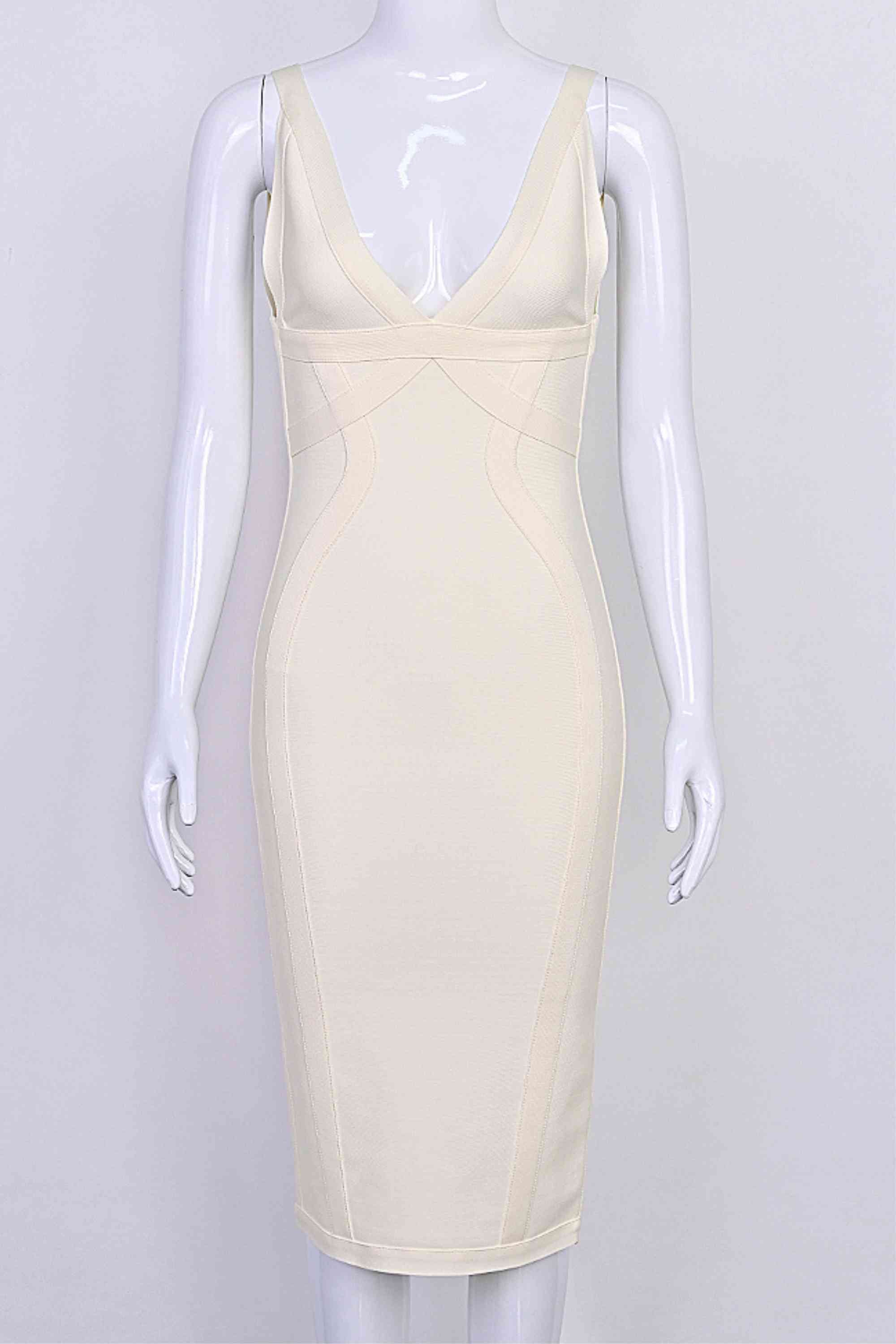 Woman wearing a figure flattering  Tyra Bandage Midi Dress - Cream BODYCON COLLECTION Pty Ltd