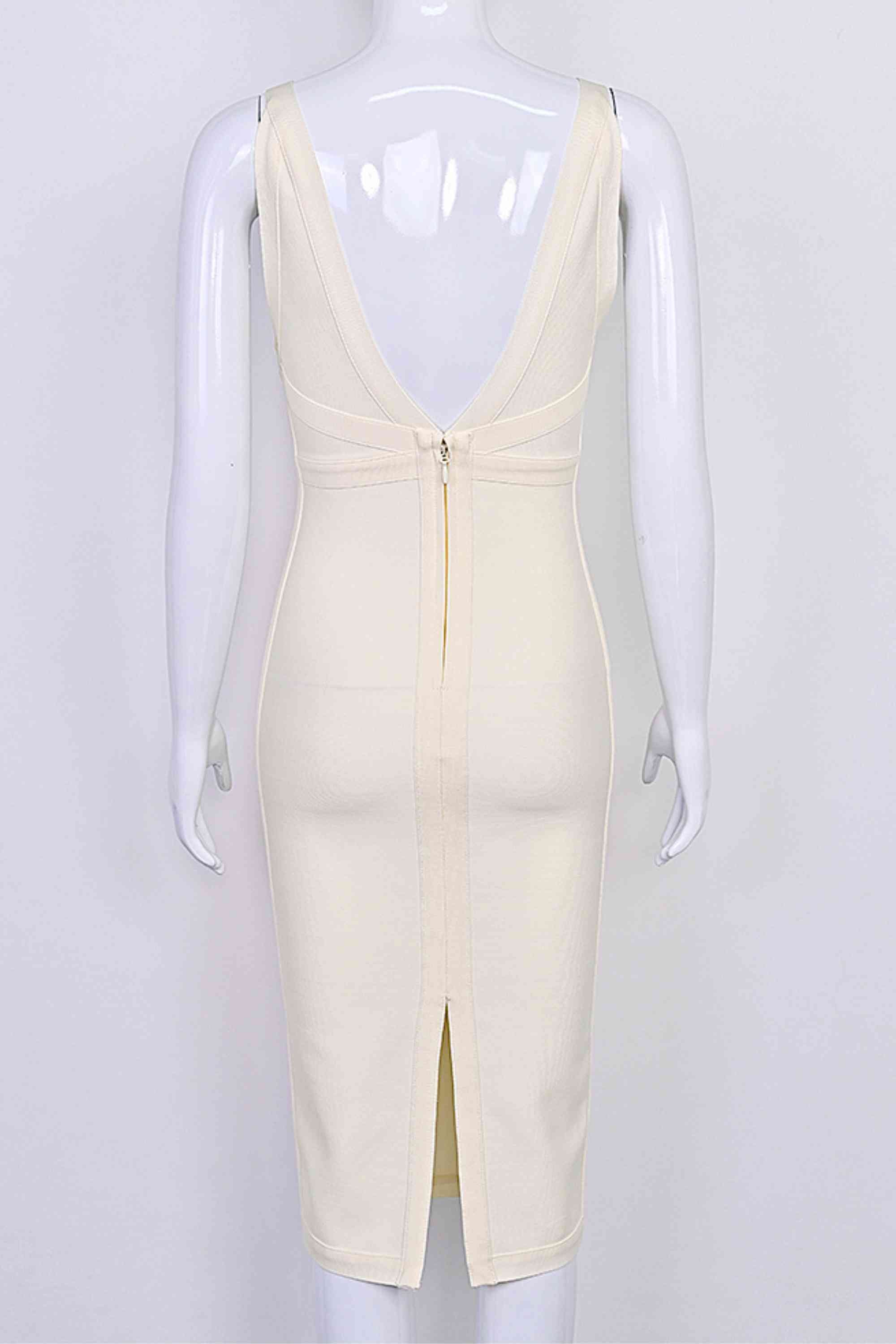 Woman wearing a figure flattering  Tyra Bandage Midi Dress - Cream BODYCON COLLECTION Pty Ltd