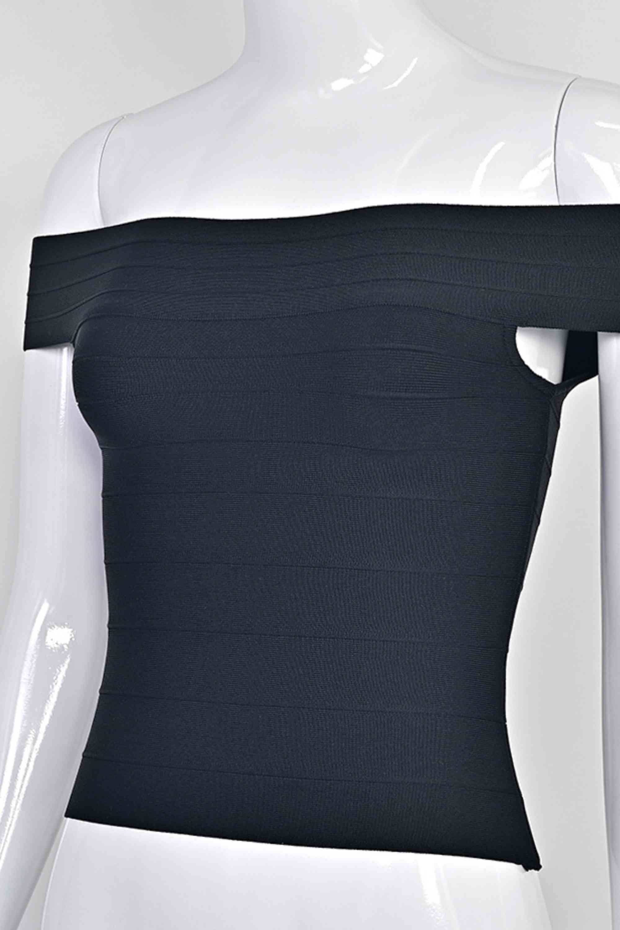 Woman wearing a figure flattering  Vera Bandage Off Shoulder Top - Classic Black BODYCON COLLECTION Pty Ltd