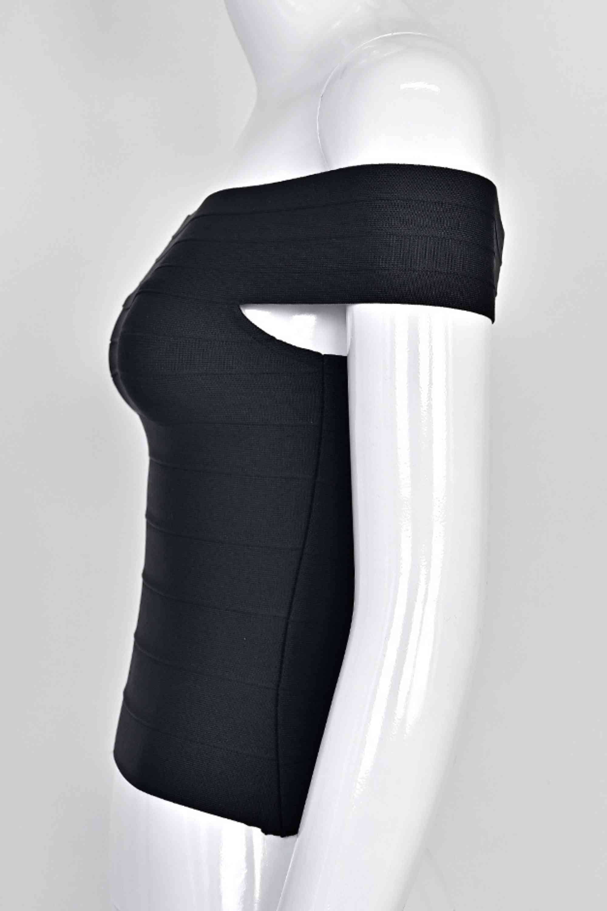 Woman wearing a figure flattering  Vera Bandage Off Shoulder Top - Classic Black BODYCON COLLECTION Pty Ltd