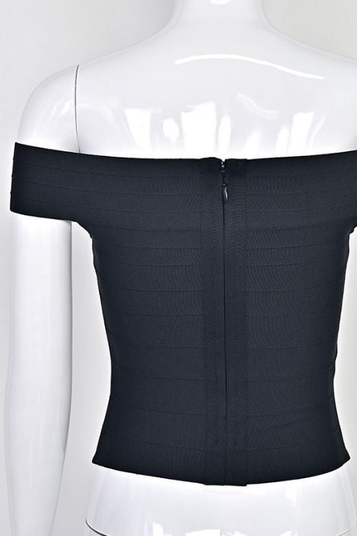 Woman wearing a figure flattering  Vera Bandage Off Shoulder Top - White Pearl BODYCON COLLECTION Pty Ltd
