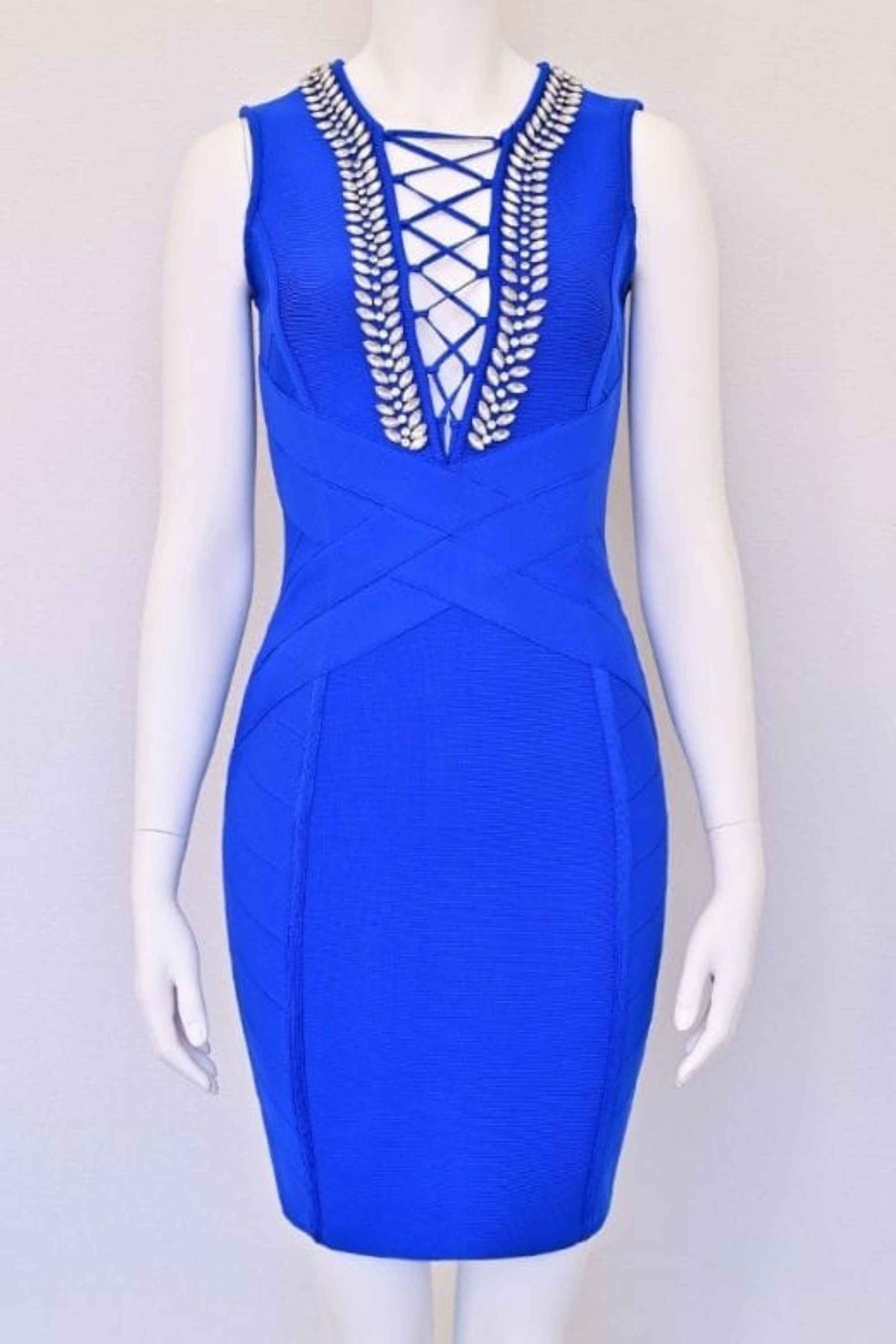 Woman wearing a figure flattering  Vivian Bandage Dress - Royal Blue BODYCON COLLECTION Pty Ltd