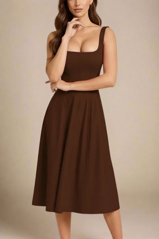 Woman wearing a figure flattering  Willa Midi Dress - Chocolate Brown BODYCON COLLECTION Pty Ltd
