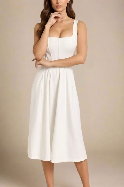 Woman wearing a figure flattering  Willa Midi Dress - White Pearl BODYCON COLLECTION Pty Ltd