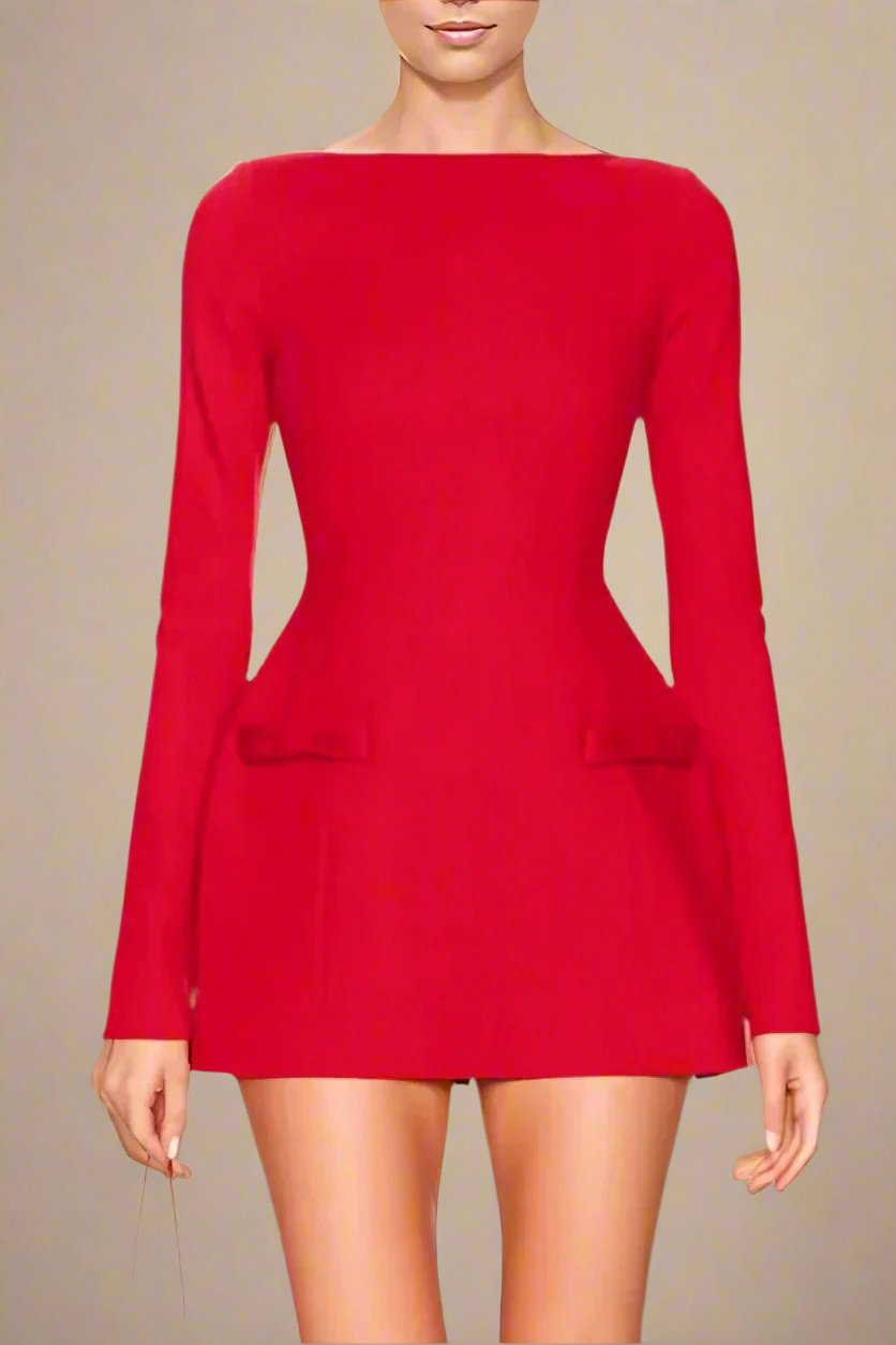 Woman wearing a figure flattering  Zena Long Sleeve Bodycon Mini Dress - Lipstick Red BODYCON COLLECTION