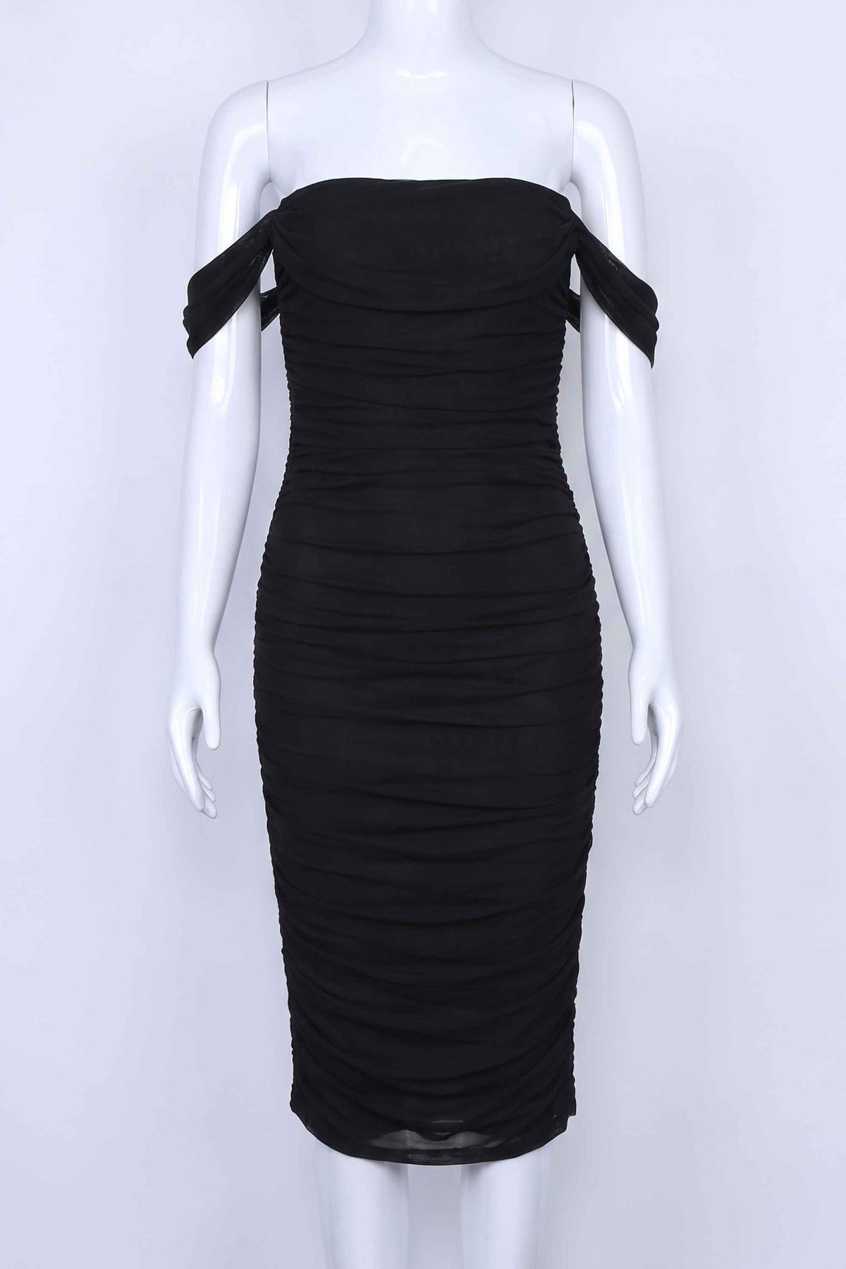 Woman wearing a figure flattering  Zia Bodycon Wrap Midi Dress - Classic Black Bodycon Collection