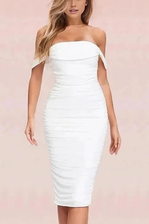 Woman wearing a figure flattering  Zia Bodycon Wrap Midi Dress - Pearl White Bodycon Collection