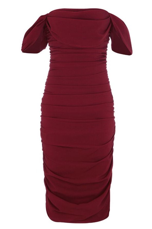 Woman wearing a figure flattering  Zia Bodycon Wrap Midi Dress - Red Wine Bodycon Collection