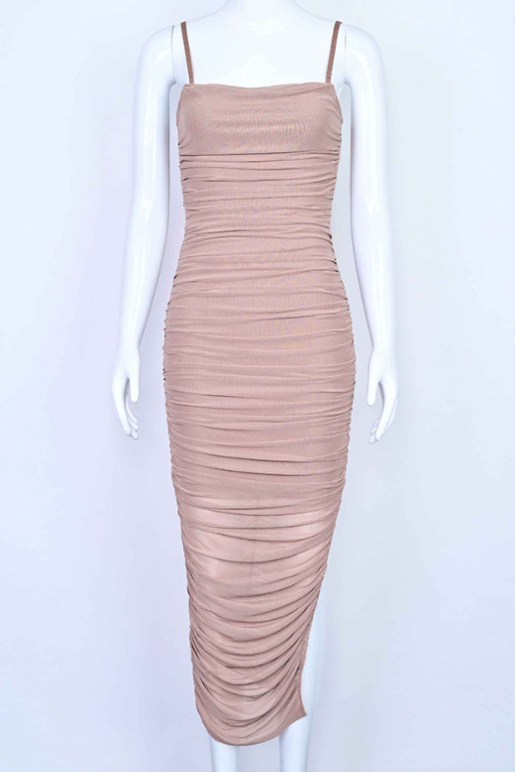 Woman wearing a figure flattering  Zoe Bodycon Wrap Maxi Dress - Tan Brown Bodycon Collection